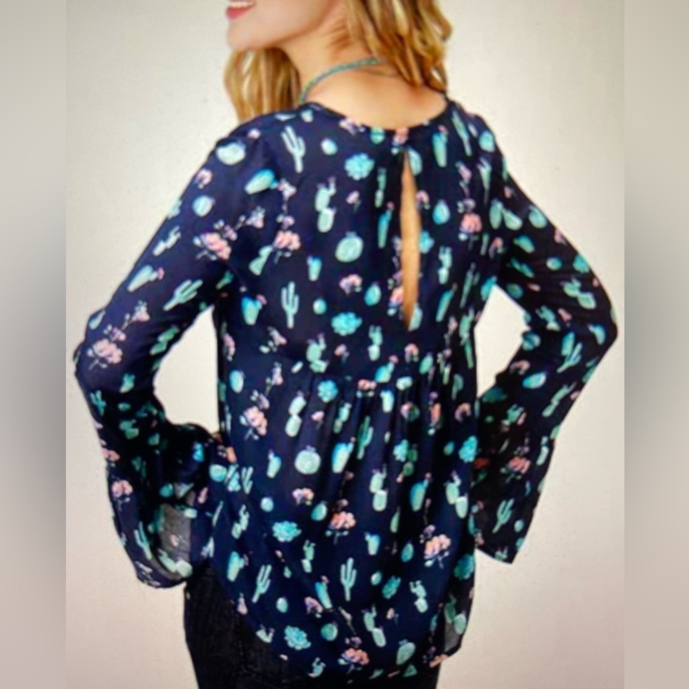 Roper~Navy Cactus Print Peasant Blouse~Empire Waist~Sheer Bell Sleeves~Size S - Picture 3 of 11